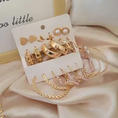 9 Pairs White And Golden Pearl Earring Set